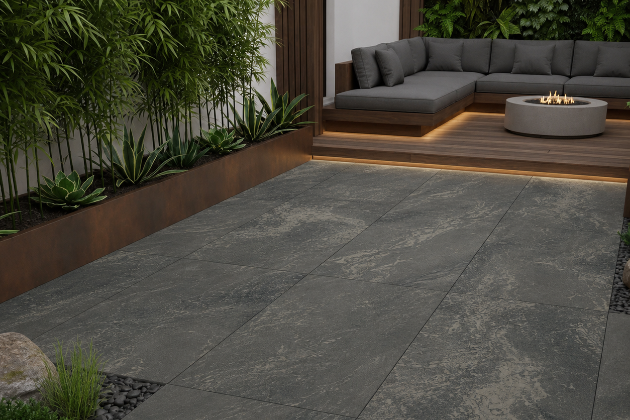 Large rectangular outdoor patio pavers in a dark gray stone-look finish, installed in a modern backyard patio setting with a gray sectional sofa, wooden deck, and greenery.