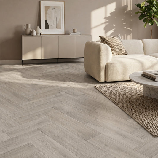 Sandstone Ash Herringbone SPC Click Vinyl Flooring 1.5sqm Pack Waterproof Rigid Core Wood Effect Flooring with Built-in Underlay – 20 Planks